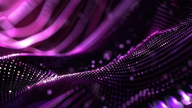 A modern digital abstract art piece featuring a vibrant purple and pink swoosh that creates a sense of motion. The background is filled with pixelation, adding depth and texture to the .