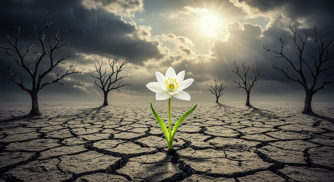 White flower of hope and perseverance growing from cracked, dry desert earth under dramatic stormy skies.