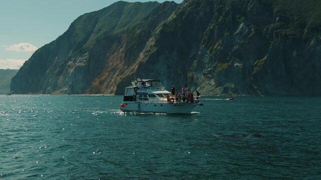 Kamchatka, Russia - August 26, 2025: Killer whales swam close to yacht carrying tourists and released plumes of steam as they surfaced. Slow motion.