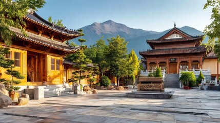 Obraz premium Serene Mountain Temple Courtyard with Stone Altar and Surrounding Nature