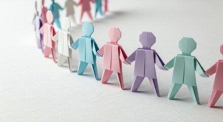 A colorful chain of diverse origami paper people holding hands, symbolizing unity, community, and human connection.