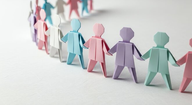 A colorful chain of diverse origami paper people holding hands, symbolizing unity, community, and human connection.
