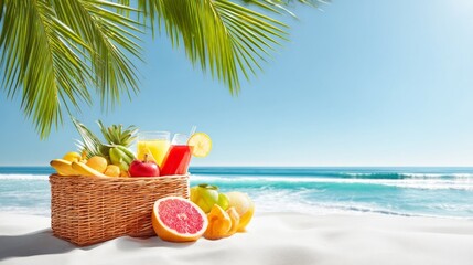 Obraz premium Vibrant Picnic Setup on White Sand Under Palm Trees with Fresh Fruits and Drinks
