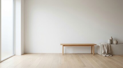 Fototapeta premium A serene and minimalist room with a wooden bench and a large window letting in natural light