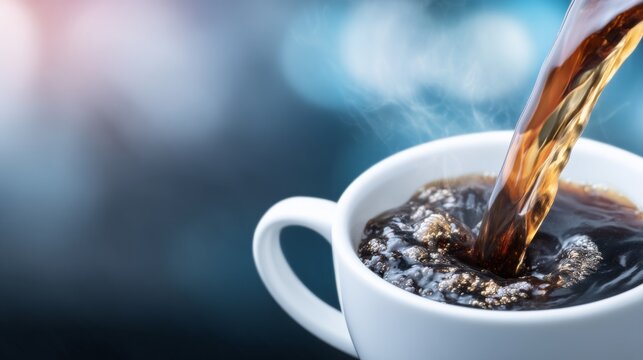 Perfectly Captured Moment of Coffee Being Poured into a White Cup Midstream