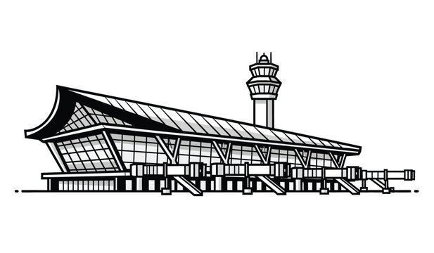 A detailed black and white illustration depicts denver international airport s distinctive jeppesen terminal architecture presented as a silhouette high quality professional modern elegant