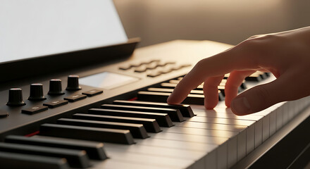 Fototapeta premium Close-up of a person's hand playing a digital piano, fingers pressing keys, warm ambient light, musical education, creative hobby