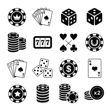 Casino gambling icons illustration set, black stylized symbols with slot machines poker chips cards dice for betting app interface design.