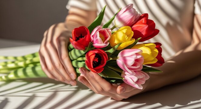 colorful tulip bouquet held by woman on a table with palm leaf shadows for blogs websites floral card clipart feminine stationery and social media.