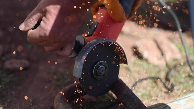 Man is cutting a metal list by angle grinder saw.