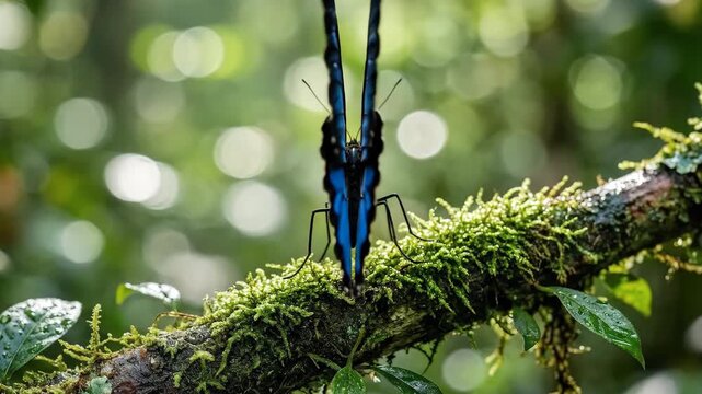 A vibrant blue butterfly with wings open wide, delicate patterns and airy elegance, crisp natural beauty, ultra-realistic, no logos.