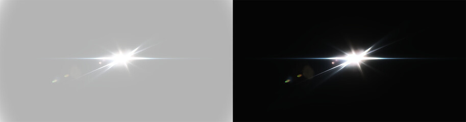 Fototapeta premium Golden and white lens flare set, realistic sun starburst and optical light leak effects on black and grey backgrounds