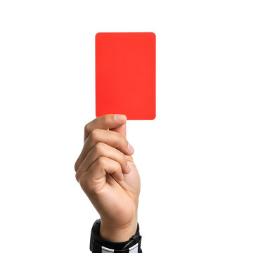 A hand holding a red card on a white background