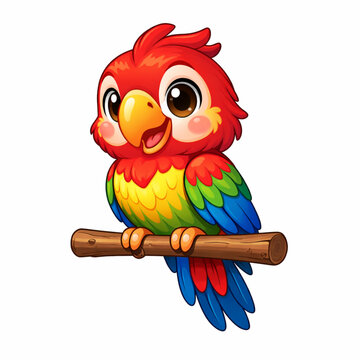 Cute Cartoon Parrot Bird Vector Illustration Isolated on White Background