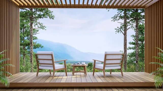 Modern wooden pavilion with vertical slats overlooking a mountain view and pine forest. Bright natural daylight with sun shadows on the wooden floor. 3d animation render.