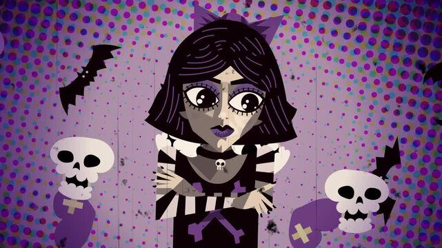 gothic emo girl with bats skulls and purple hearts