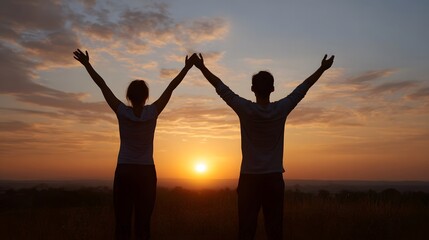 Fototapeta premium Two figures celebrate a successful moment together against a vibrant glowing sunset horizon