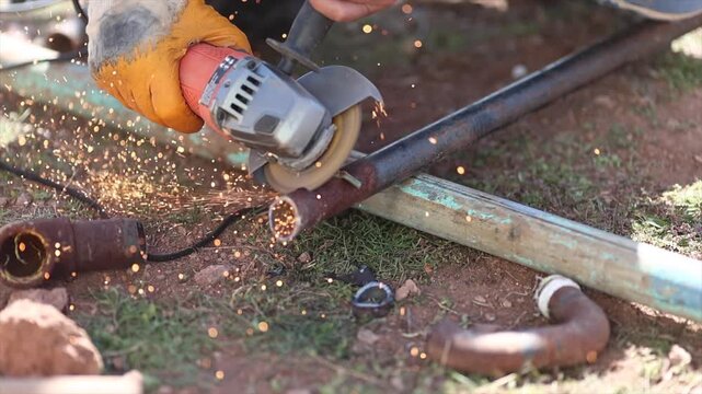Man is cutting a metal list by angle grinder saw.