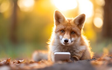 Fototapeta premium Calm Fox Sits with Smartphone in a Serene Forest at Golden Hour Light