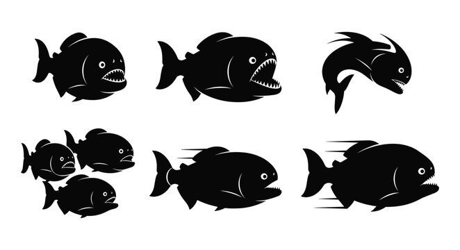 Set of 8 Piranha and Predator Fish Silhouettes in Swimming and Attacking Poses, Isolated on White Background