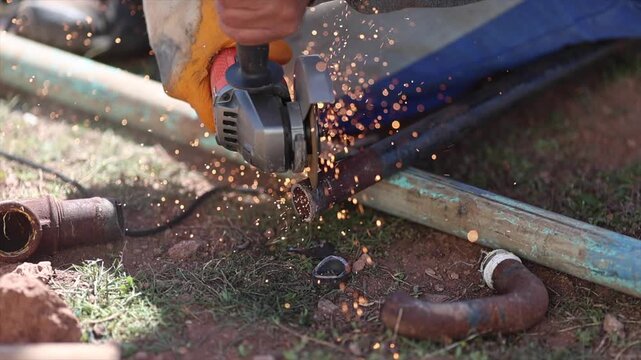 Man is cutting a metal list by angle grinder saw.