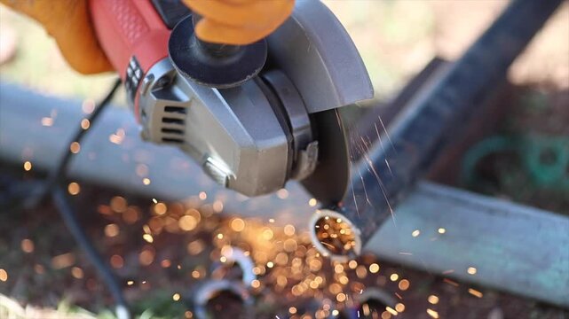 Man is cutting a metal list by angle grinder saw.