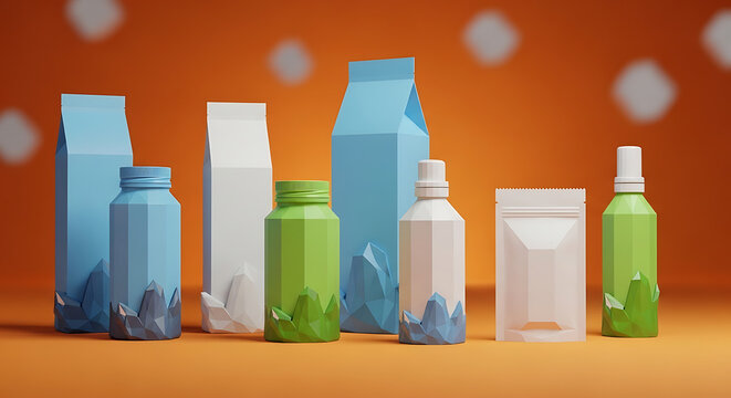 Collection of stylized low-poly packaging bottles and containers with abstract icy mountain elements on an orange background, conceptual product display