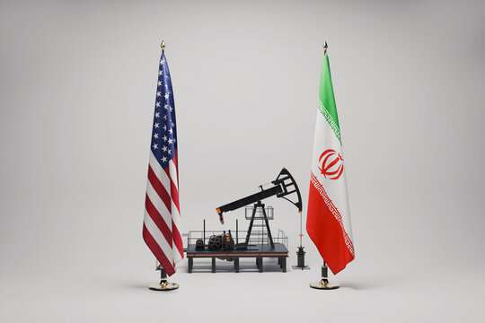 U.S. and Iranian flags flank an oil pump jack, representing the high-stakes geopolitical conflict over energy resources, oil production, and the strategic importance of the Middle East market.