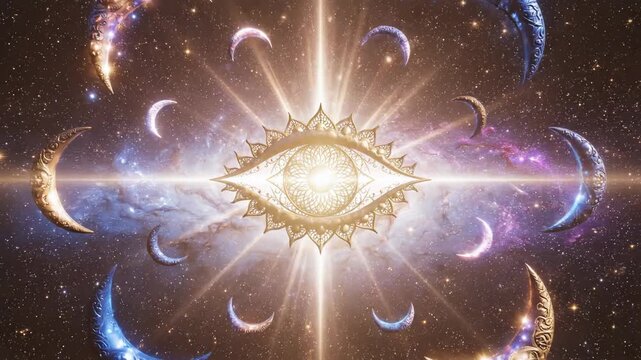 Mystical Cosmic Eye Surrounded by Ornate Crescent Moons in a Glowing Galaxy for Spiritual Content and Esoteric Backgrounds.