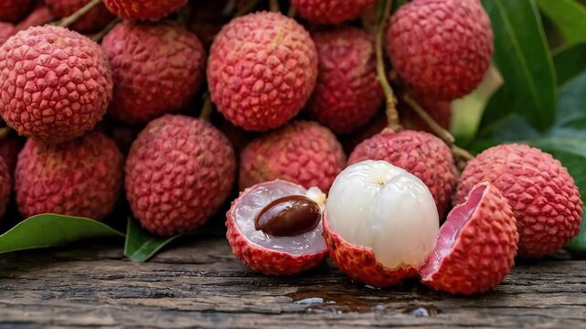 A vibrant bunch of fresh lychee fruit with natural stems, textured pink-red shells, exotic sweet freshness, ultra-realistic, no logos.