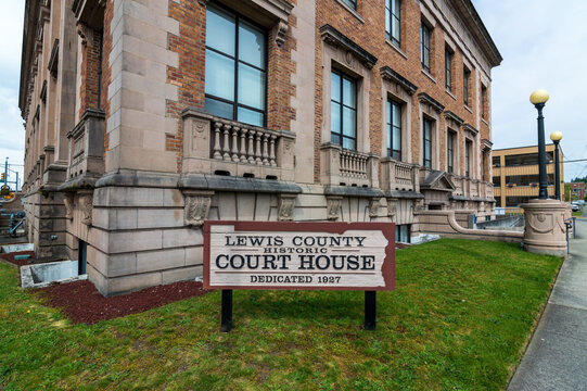A sign on the corner of the Lewis County Courthouse in Chehalis, Washington, USA