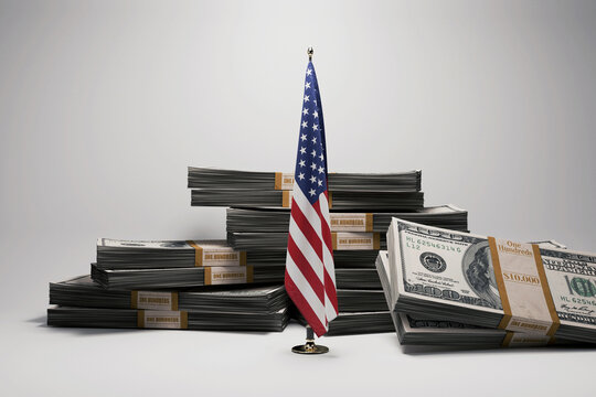 Large stacks of bundled US dollar bills with a US table flag standing in the middle, symbolizing American economy, money power, and financial strength. Set against a white background