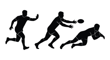 Set of 3 Rugby Player Silhouettes in Running, Catching and Diving Poses, Isolated on White Background © Muhammad