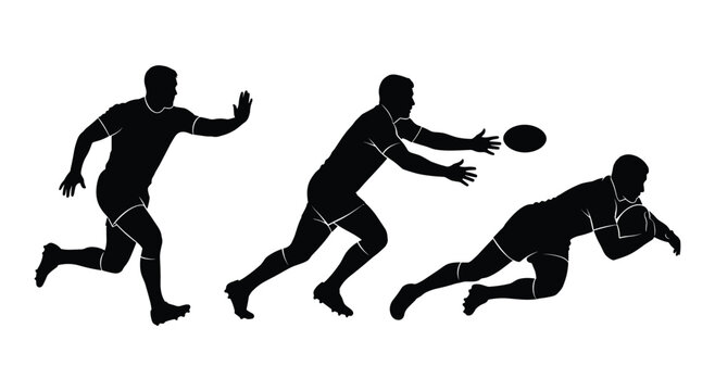 Set of 3 Rugby Player Silhouettes in Running, Catching and Diving Poses, Isolated on White Background
