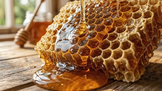Golden honey flowing over hexagonal honeycomb, rich amber translucence, sticky texture and warm natural sweetness, ultra-realistic, no logos.