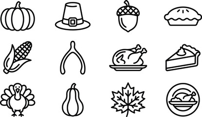 Thanksgiving icons including pumpkin, turkey, pie, and leaves in a vector graphic illustration for fall and harvest themes © THANKYOU