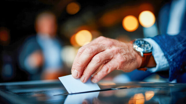 Close-up of a suited hand placing a ballot into a transparent ballot box during voting
