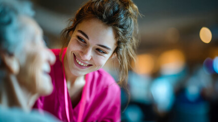 Fototapeta premium Smiling young nurse sharing a warm moment with an elderly patient in a bright care setting