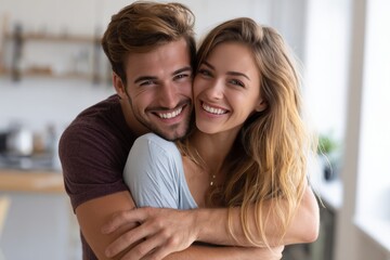 Fototapeta premium Young Couple Celebrates Mortgage Approval at Home in Bright Living Space With Smiles and Joy