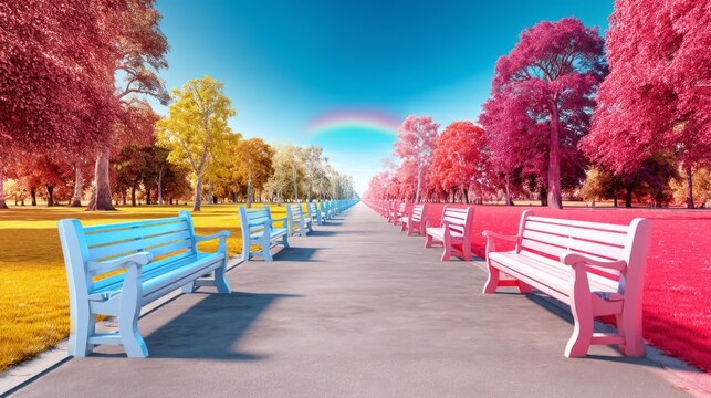 Colorful Pathway with Benches and Trees Under a Faint Rainbow in the Sky