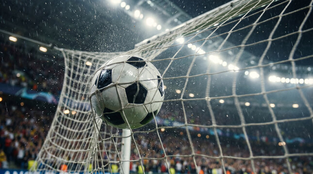 Soccer ball hitting the net in a stadium, winning goal during a night match under bright floodlights, football in goal net with water splashes
