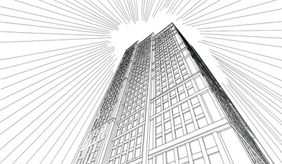 Fototapeta premium A striking low angle view showcases a tall building s architectural lines radiating upwards against a bright abstract background silhouette high quality professional detailed