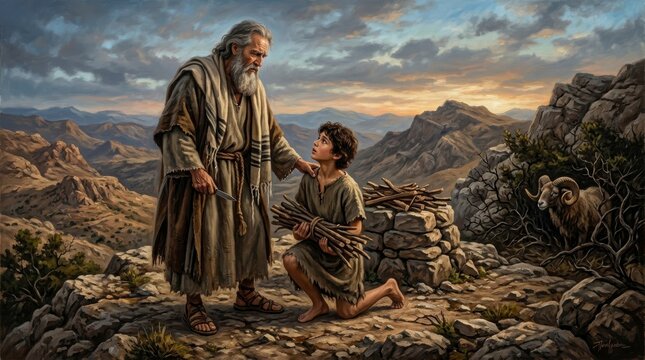 Abraham and Isaac Prepare for Sacrifice in Wilderness Landscape