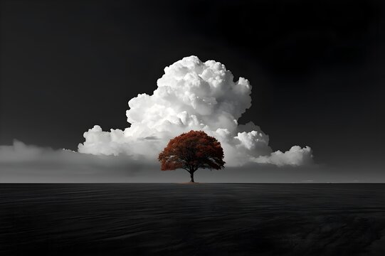 Cinematic Lone Autumn Tree on Dark Ground Under Large White Cloud