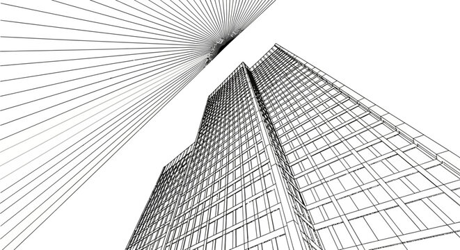 An abstract architectural rendering showcases sharp angular lines forming the outline of a modern skyscraper presented as a silhouette high quality professional detailed elegant