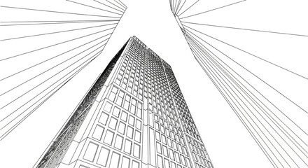 Fototapeta premium A low angle black and white line drawing depicts a tall building rising towards a converging perspective creating a dramatic silhouette high quality professional