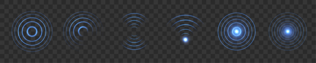 Futuristic digital radar interfaces with glowing concentric waves and signal detection lines. The neon background embodies the wireless communication concept of the vector graphics. © Ihor Nemynushchyi