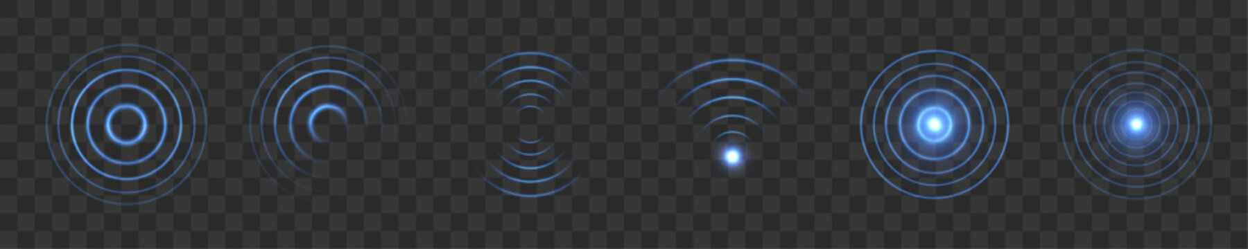 Futuristic digital radar interfaces with glowing concentric waves and signal detection lines. The neon background embodies the wireless communication concept of the vector graphics.