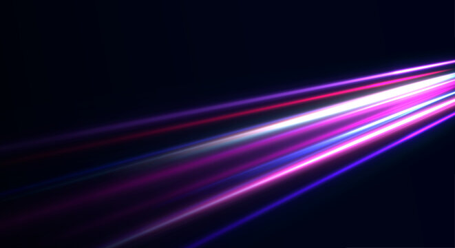 Bright speed lines radiate outward, forming curves and creating glowing trails and light reflections. Futuristic highway light trails with glowing stripes and motion blur.
