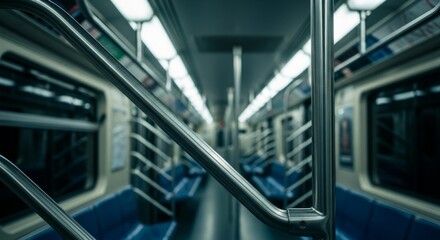 Obraz premium Empty Subway Interior with Handrail and Blue Seats
